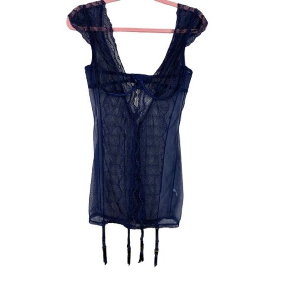 Dreamgirl Lace & Mesh Garter Slip Plunging Neckline Nocturnal Blue Sz Large - Picture 2 of 9